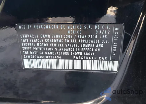 2012 Volkswagen Jetta 2.5L Se z USA, uszkodzony, nr VIN 3VWDP7AJ6CM396494